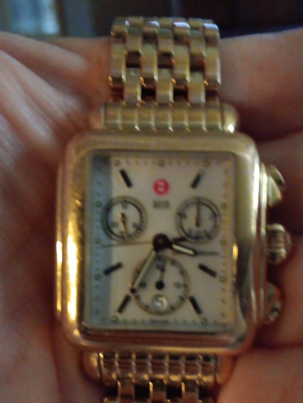 Michele Gold-Tone Chronograph Square Bracelet Watch. Worn. Scratchs. Authentic.